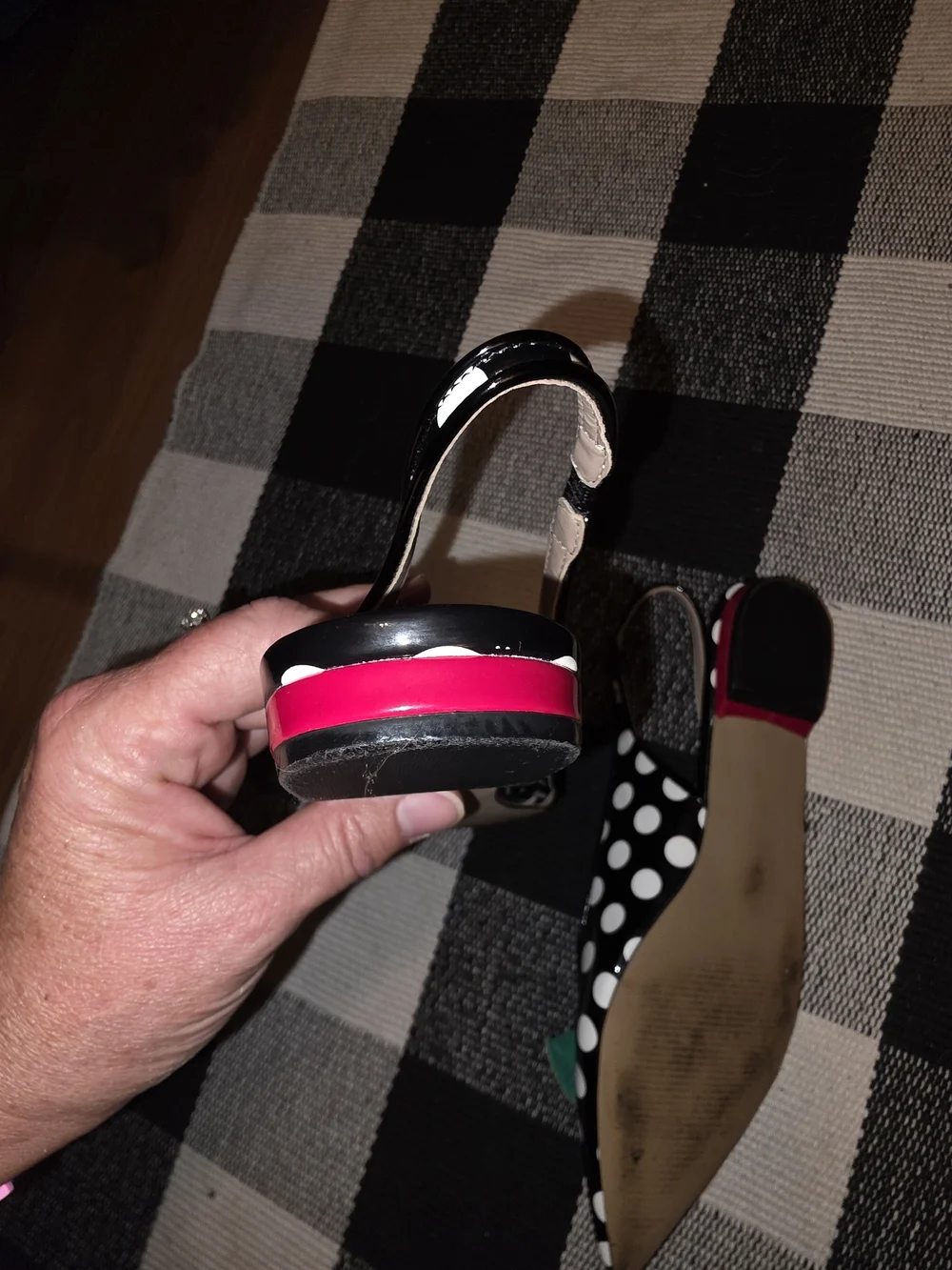 Betsey Johnson Black & White Polka Dot Slingback Flats with Cherry Detail